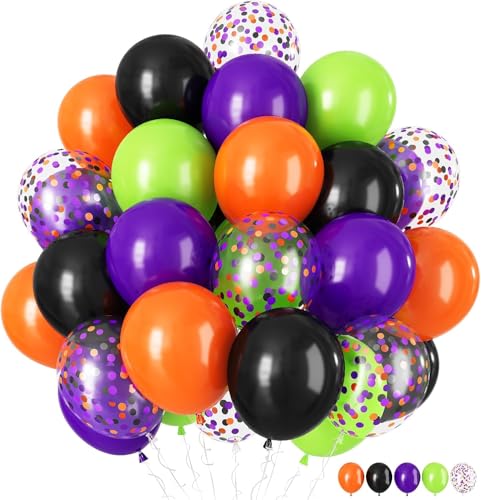 KOBOKO Halloween Luftballons Set, 50 Stück, Orange, Schwarz, Lila, Grün und Konfetti Design, mit Geschenkband von Koboko