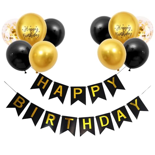 KOBOKO Geburtstagsdeko Schwarz Gold, Happy Birthday Deko Ballons Geburtstag, Happy Birthday Girlande, Luftballons Schwarz Gold Party Deko Geburtstag, Geburtstagballons Konfetti für Männer Frau Kinder von Koboko