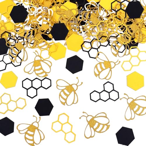 KOBOKO Konfetti Bienen Deko, 100 Stück Happy Bee Day Konfetti, Biene Konfetti mit 5 Stile, Wabenförmiges Sechseck Konfetti Tischdeko zum Streudeko, für Bienenmotivparty Babyparty Geburtstagdekoration von Koboko