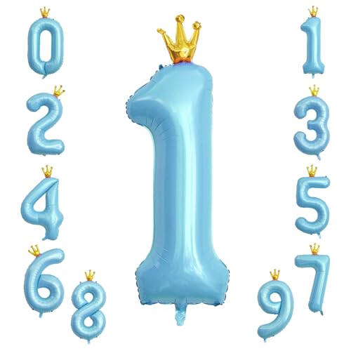 KOBOKO Zahlen Luftballon 1 Blau, 40 Zoll Folienballon, Luftballons 1. Geburtstag Junge, Zahlenballon Mit Krone, Helium Ballons für Babyparty Party Deko von Koboko