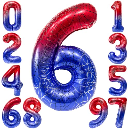 KOBOKO Spider Luftballon 6. Geburtstag Junge, 40 Zoll Folienballon Zahl 6, Spidey Geburtstagsdeko 6 Jahre Junge, Spinnen Ballon 6 Geburtstags, Superhelden Deko Luftballons Geburtstag 6 Jahre Junge von Koboko