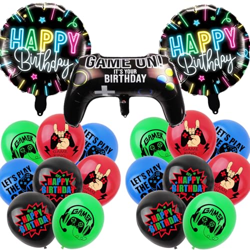 KOBOKO Happy Birthday Ballon Gamer Deko, 19 Stücke Geburtstagsdeko Jungen Gaming Deko, Deko Geburtstag Junge Videospiel Folienballons, Helium Ballons Geburtstag Deko Junge für Kindergeburtstag Party von Koboko