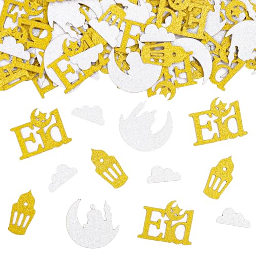 KOBOKO Ramadan Deko Konfetti,100 Stück Streudeko Ramadan Mubarak Gold Silber,Tischdeko Mubarak,Islamische Deko Konfetti,Eid Mubarak Party Deko,Glitzer Confetti für Eid Ramadan Islamische Dekoration von Koboko