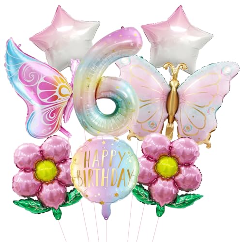 KOBOKO Schmetterling Luftballon 6 Jahre Mädchen, 7 Stk Geburtstagsdeko 6 Jahre Mädchen, Schmetterling Deko Luftballon 6 Geburtstag, Blumen Folienballon Geburtstag 6 Jahr Mädchen, Ballon 6. Geburtstags von Koboko