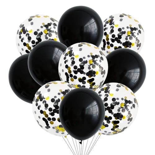 KOBOKO Luftballons Schwarz Gold, 10 Stk Luftballons Geburtstagsdeko Schwarz Gold, Schwarze Ballons Geburtstag, Konfetti Gold Schwarz Ballon Hochzeit, Luftballon schwarz für Jahrestag, Abschluss Deko von Koboko