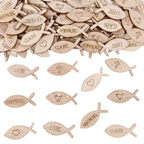 KOBOKO 100 Stk Holz Fische Deko Streudeko Taufe,Tischdeko Taufe Deko,Konfirmation Dekoration Mädchen Junge,Holzfische Kommunion Dekoration, Taufdeko Konfetti,Fisch Deko für Konfirmation Kommunion (A) von Koboko