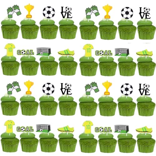 KOBOKO Tortendeko Fussball, 32 Stück Fußball Cupcake Topper, Fussball Tortendeko Kinder, Tortendeko Fussball Jungen, Fussball Torten Deko Geburtstag Kinder, Cake Topper für Fussball Party Deko von Koboko