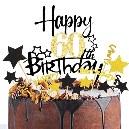 KOBOKO Tortendeko Geburtstag,60 Geburtstag Deko,Happy Birthday Tortendeko,Cake Topper Geburtstag,Tortendeko Geburtstag mit Schwarz-Goldener Ziehfahne, Glückwunschkarte zum Geburtstag von Koboko