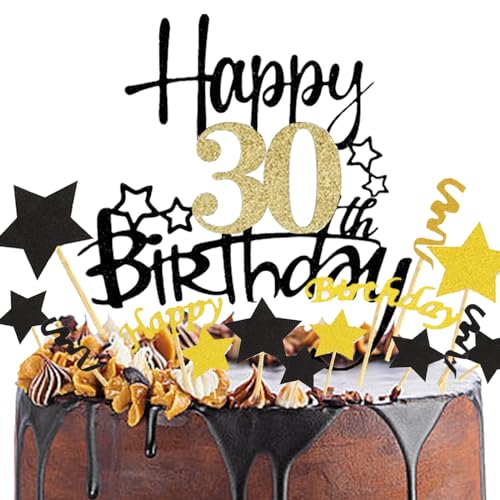 KOBOKO Tortendeko Geburtstag,30 Geburtstag Deko,Happy Birthday Tortendeko,Cake Topper Geburtstag,Tortendeko Geburtstag mit Schwarz-Goldener Ziehfahne, Glückwunschkarte zum Geburtstag von Koboko