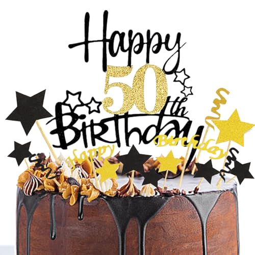 KOBOKO Tortendeko Geburtstag,50 Geburtstag Deko,Happy Birthday Tortendeko,Cake Topper Geburtstag,Tortendeko Geburtstag mit Schwarz-Goldener Ziehfahne, Glückwunschkarte zum Geburtstag von Koboko