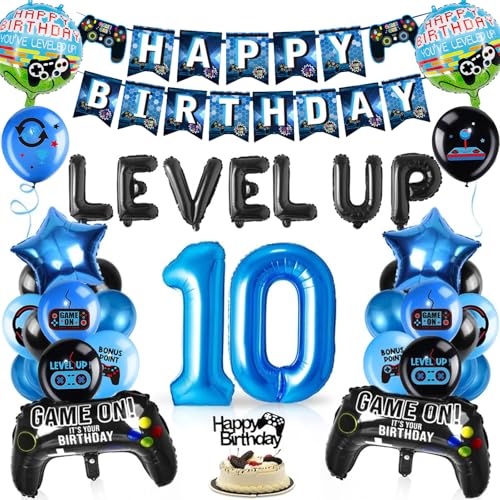 KOBOKO Videospiel Deko 10 Geburtstag Junge, Gaming Deko Luftballon 10. Geburtstag, Geburtstagsdeko 10 Jahre Junge, Gamer Deko Luftballon 10 Jahre Jungen Tortendeko, Gamecontroller Ballon Blau Schwarz von Koboko