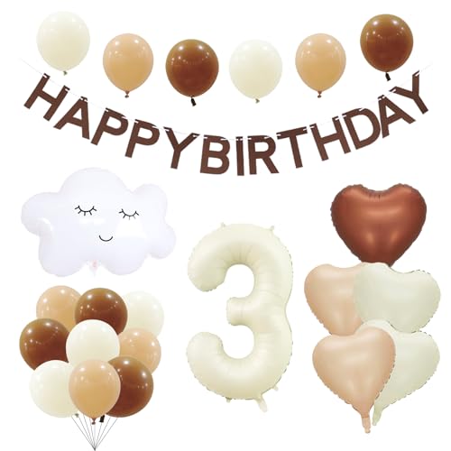 KOBOKO Luftballon Geburtstag 3 Jahre Mädchen Junge, Beige Luftballons 3. Geburtstag Mädchen, Wolken Folienballon 3 Geburtstags Junge, Herz Ballon Geburtstagsdeko 3 Jahre mit Happy Birthday Banner von Koboko