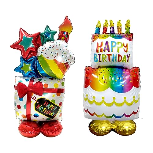 Happy Birthday Folienballon Stehend,Höhe 92cm/87cm Happy Birthday Luftballon XXL,Folienballon Geburtstag Aufblasbare Torten &Geschenk,Ballon Geburtstag Party Dekoration mit Helium Oder Luft Befüllbar von Koboko