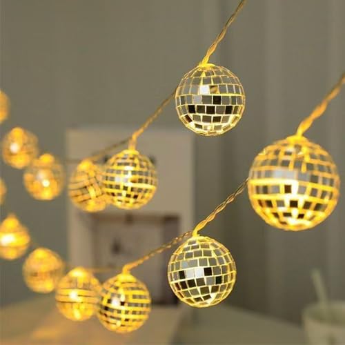 KOBOKO Discokugel Lichterkette, 1,5M 10LED Disco Ball String Lights, Disco Deko Lichterkette Batteriebetrieb, Disco Party Lights, Warmweiß Marokkanische Lichterketten für Karneval,Hochzeit,Weihnachten von Koboko