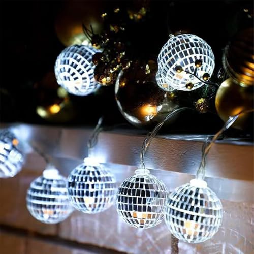 Koboko Discokugel Lichterkette, 1,5M 10LED Disco Ball String Lights, Disco Deko Lichterkette Batteriebetrieb, Disco Party Lights, Weißes Marokkanische Lichterketten für Karneval,Hochzeit,Weihnachten von Koboko