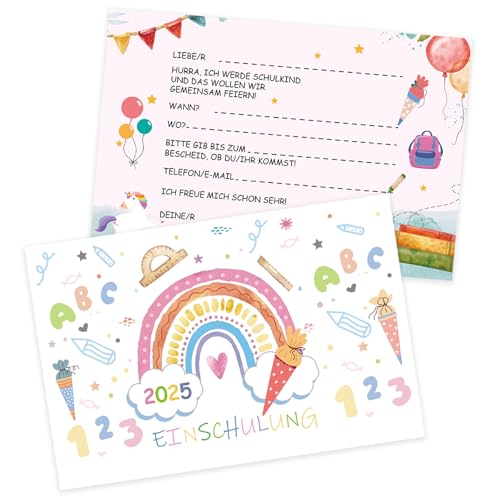 Koboko 12 Stück Einladungskarten Einschulung Mädchen, Einladung Einschulung Mädchen, Einladungskarten Regenbogen Schulanfang Mädche, Einladung Schulanfang Endlich Schulkind 2025 für Einschulungsfeier von Koboko
