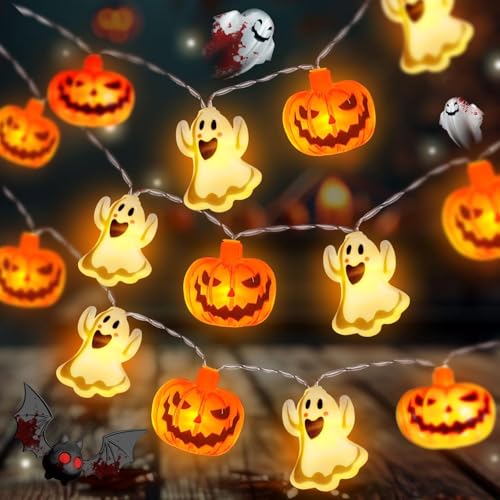 Koboko Halloween LED Lichterkette, Geister und Kürbis Design, Warmweiß, 3 Meter, 20 LEDs, Batteriebetrieben, mit Blinklicht und Dauerlicht, für Innenbereich von Koboko