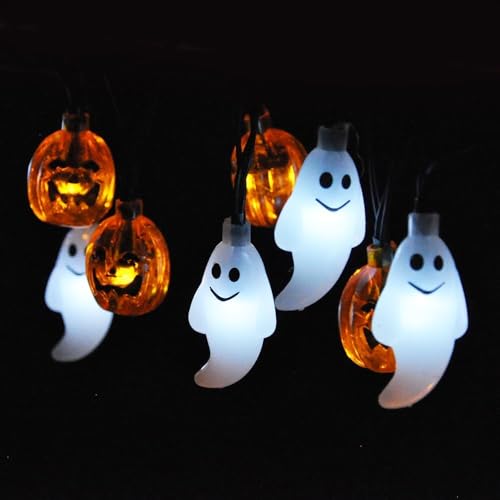 Koboko Halloween LED Lichterkette, Geister und Kürbis Design, Weiß, 3m, 20 LEDs, Batteriebetrieben, Blinkend und Dauerlicht von Koboko