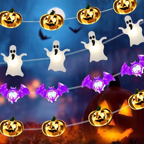 Koboko Halloween Lichterkette Set, 3 x (1M 10LED) Fledermaus Geister Kürbis Lichterkette Halloween Deko Innen, Kürbis Lichterketten Batterie, Horror Deko Geister Fledermaus Lichterketten Partydeko von Koboko