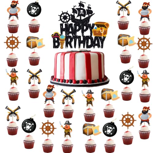 KOBOKO 25 Stück Piraten Tortendeko für Geburtstag Junge, Kindergeburtstag Deko, Kuchen Deko, Cupcake Topper, Cake Topper für Piratenparty von Koboko