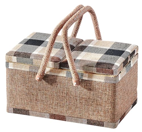 Kobolo Nähkästchen Nähkorb Nähkörbchen Nähkasten - beige kariert - Stoff - 29x19x16 cm von Kobolo