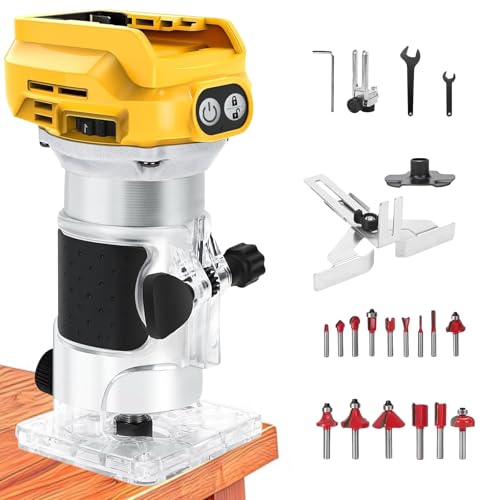 Kocusu Oberfräse Akku 1300W mit Dewalt 20V/18V Akku,Bürstenloser Kantenfräser 6 Geschwindigkeit,Trimmer Einhandfräse,Akku-Holzfräser mit 15 Stück 1/4" Fräser Set für Holzbearbeitung,DIY(ohne Akku) von Kocusu