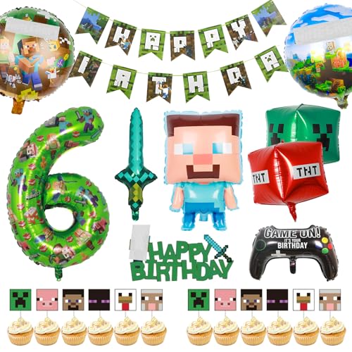 6. Gaming-Geburtstagsdekorationen für Jungen und Mädchen, Happy Birthday-Banner, Folienballons, Miner, Gaming-Themenparty-Zubehör, Dekoration, Bergmann-Party, Tisch-Kuchenaufsatz für Kindergeburtstage 6. Gaming-Geburtstagsdekorationen für Jungen und Mädchen, Happy Birthday-Banner, Folienballons, Miner, Gaming-Themenparty-Zubehör, Dekoration, Bergmann-Party, Tisch-Kuchenaufsatz für Kindergeburtstage von Kodepro