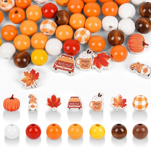 Herbst-Holzperlen zum Basteln, Erntedankfest, Kürbis, Ahornblatt, Zwerg, kariert, orange-rot, Bauernhaus, runde Perlen für Schmuckherstellung, Armband, Halskette, Schlüsselanhänger, Girlande von Koeilay