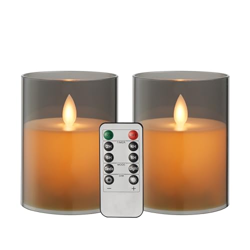Koelaa Flackernde LED-Kerzen mit realistischer Flamme, 2er Set, Batteriebetrieben, mit Fernbedienung & Timer, Grau, Acryl - Kunst Kerzen für Party, Weihnachten, Hochzeit, Deko-7.5 x 10cm von Koelaa
