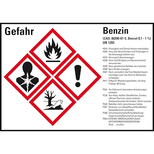 Aufkleber I Gefahrstoffetikett Benzin UN 1203, GefStoffV/GHS/CLP, 105x74mm, 8 Stück von König Werbeanlagen