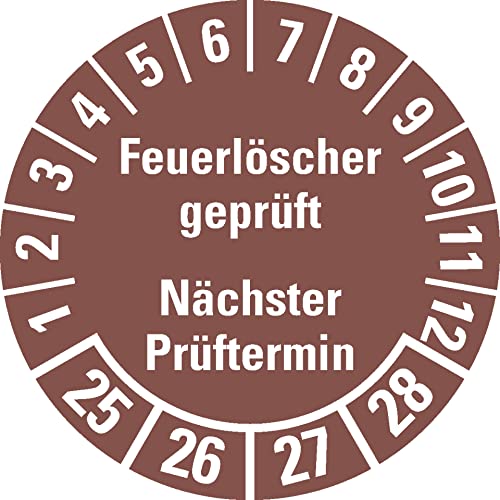 Aufkleber I Prüfplakette Feuerlöscher geprüft, NP, 25-28, braun, Dokufolie, Ø 30mm, 18/Bogen Aufkleber I Prüfplakette Feuerlöscher geprüft, NP, 25-28, braun, Dokufolie, Ø 30mm, 18/Bogen von König Werbeanlagen