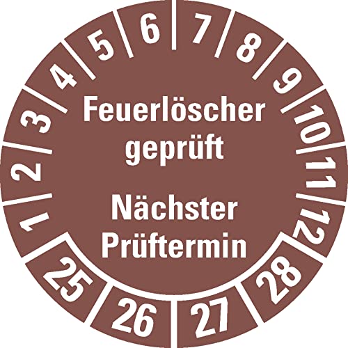 Aufkleber I Prüfplakette Feuerlöscher geprüft, NP, 25-28, braun, Dokufolie, Ø 30mm, 18/Bogen von König Werbeanlagen