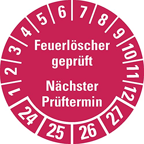 Aufkleber I Prüfplakette Feuerlöscher geprüft, Nächster Prüftermin, 24-27, rot, Dokumentenfolie, Ø 30mm, 18/Bogen von König Werbeanlagen