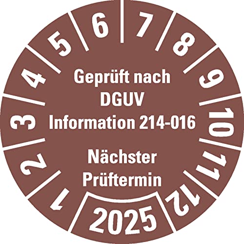 Aufkleber I Prüfplakette Geprüft DGUV Info. 214-016 NP 2025, braun, Dokufolie, Ø 30mm, 18/Bogen von König Werbeanlagen