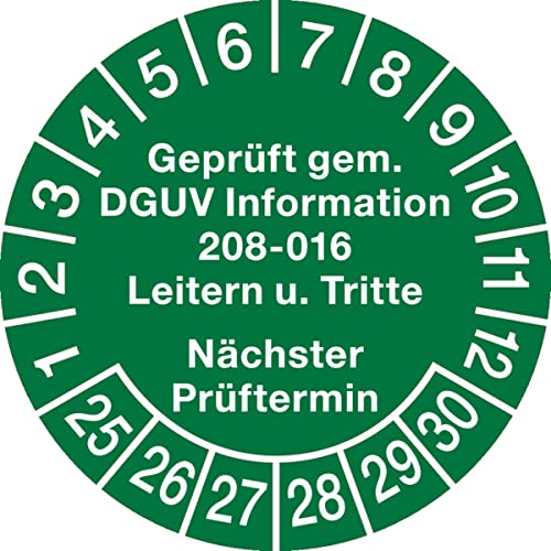 Dreifke® Aufkleber Prüfplakette, DGUV Information 208-016 Nächster Prüftermin, grün/weiß, Ø 30 mm - Bogen = 10 Stk. Folie selbstklebend Grün AufdruckWeiß 3 von König Werbeanlagen