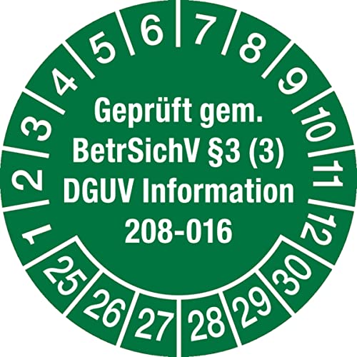 Dreifke® Aufkleber Prüfplakette, Geprüft gem. BetrSichV § 3 (3) DGUV Information 208-016 Ø 30mm - Bogen = 10 Plaketten Folie selbstklebend grün/Textfarbe: weiß 3 von König Werbeanlagen