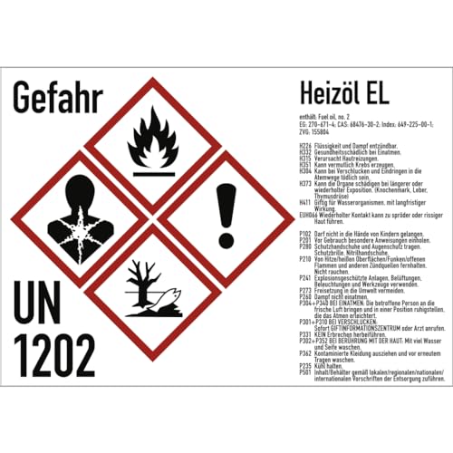 Gefahrstoffkennzeichnung Heizöl EL nach GHS, Aufkleber, 148x105 mm, Idx 2019, UN 1202, Piktogramme nach CLP/GHS Gefahrstoffkennzeichnung Heizöl EL nach GHS, Aufkleber, 148x105 mm, Idx 2019, UN 1202, Piktogramme nach CLP/GHS von König Werbeanlagen