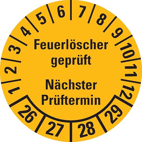 Prüfplakette Feuerlöscher geprüft, NP, 26-29, gelb, Dokufolie, Ø 30mm, 18/Bogen von König Werbeanlagen