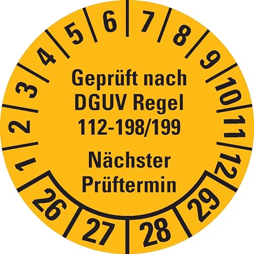 Prüfplakette Geprüft nach DGUV 112-198/199 26-29, gelb, Ø 30mm, 18/Bogen von König Werbeanlagen
