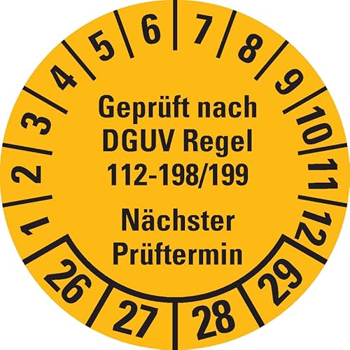 Prüfplakette Geprüft nach DGUV 112-198/199 26-29, gelb, Ø 30mm, 18/Bogen von König Werbeanlagen