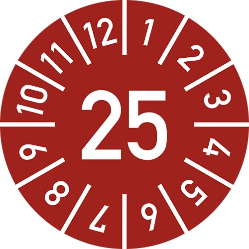 Prüfplakette Jahr 25 mit Monaten, rot, Folie-Spezialkleber, Ø 10 mm, 10 Stück/Bogen von König Werbeanlagen