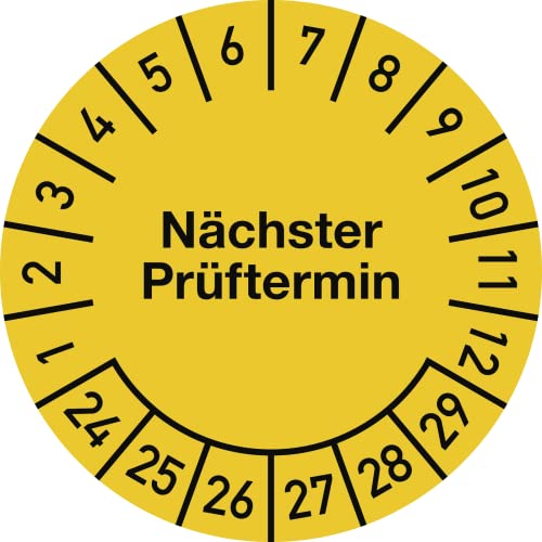 Prüfplakette Nächster Prüftermin 2024-2029, Folie, gelb, Ø 25 mm, 10 Stück/Bogen von König Werbeanlagen