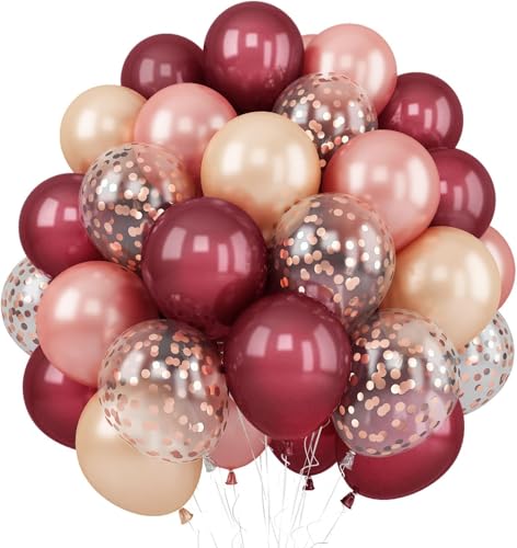 Luftballons Burgund, 60 Stück 12 Zoll Weinrot Rosegold Ballons mit Konfetti Ballons für Mädchen Frauen Geburtstag Party Hochzeit Babyparty Deko von Kogarm