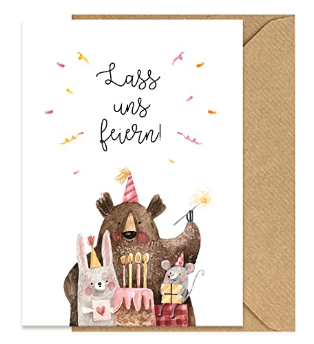 KOKO&LORA® Einladungskarten Set mit Kraftpapierumschlägen - Einladungen für Party & Kindergeburtstag mit Tieren im skandinavischen Stil mit Natur-Kuvert für Jungen & Mädchen (Bär, Hase & Maus) von Koko Lora