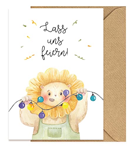 Koko Lora Einladungskarten Set mit Kraftpapierumschlägen - Einladungen für Party & Kindergeburtstag mit Tieren im skandinavischen Stil mit Natur-Kuvert für Jungen & Mädchen (Löwe) von Koko Lora