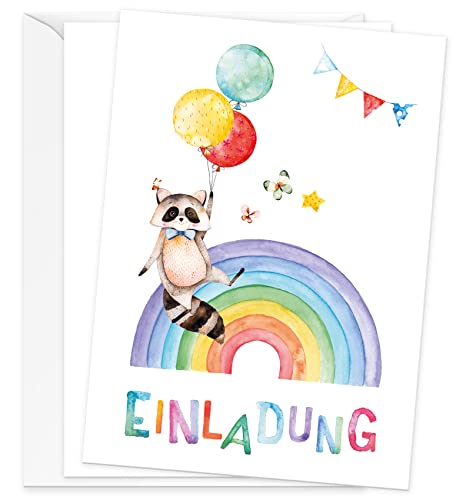 KOKO&LORA® Kunterbunte Einladungskarten im 10er Set mit niedlichem Regenbogen-Motiv • inklusive Umschlägen von Koko Lora