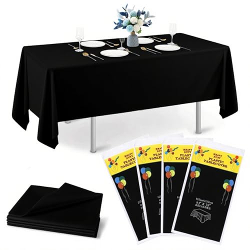 4 Stück Einweg Tischdecke, 137 x 274cm Rechteckig Tischtuch Geeignet, Tischdecke aus Kunststoff, Papiertischdecke für Hochzeit, Party, Kindergeburtstag, Weihnachten (Schwarz) von Kokoie