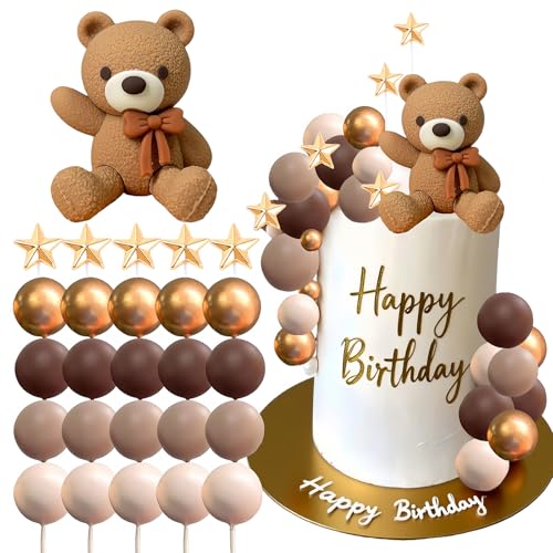 Bär Kuchen Dekoration, 26pcs Beige Braun Kugeln Kuchen Dekoration, Luxus Baby Shower Kuchen Topper Boho Bären Kuchen Dekoration Bär Baby Shower Party Supplies Teddybär von Kokoie