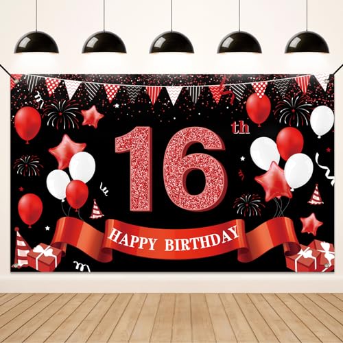 Koliphy 16. Geburtstag Deko, 16. Happy Birthday Banner für Jungen Mädchen, Schwarz Rot Stoff 16 Geburtstagsbanner Hintergrund Party Dekoration Drinnen und Draußen Koliphy 16. Geburtstag Deko, 16. Happy Birthday Banner für Jungen Mädchen, Schwarz Rot Stoff 16 Geburtstagsbanner Hintergrund Party Dekoration Drinnen und Draußen von Koliphy