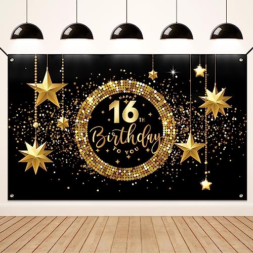 Koliphy 16. Geburtstag Deko, 16. Happy Birthday Banner für Jungen Mädchen, Schwarz Gold Stoff 16 Geburtstagsbanner Hintergrund Party Dekoration Drinnen und Draußen Koliphy 16. Geburtstag Deko, 16. Happy Birthday Banner für Jungen Mädchen, Schwarz Gold Stoff 16 Geburtstagsbanner Hintergrund Party Dekoration Drinnen und Draußen von Koliphy
